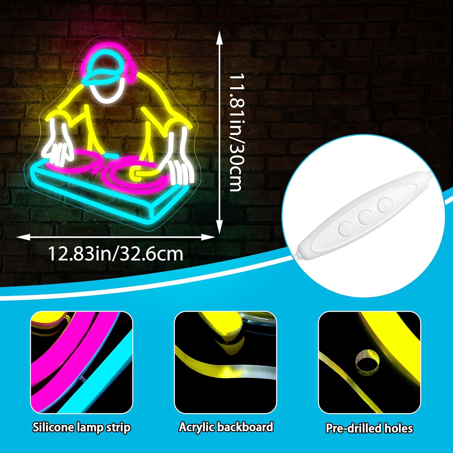 DJ Player Neon Sign for Wall Decor Dimmable Record Player Neon Light for Man Cave LED Music Sign for Music Room Studio Stage Dancing Hall Bar Bedroom Party Birthday gift Art 12.8 * 11.8In (WZCP222) - Image 3