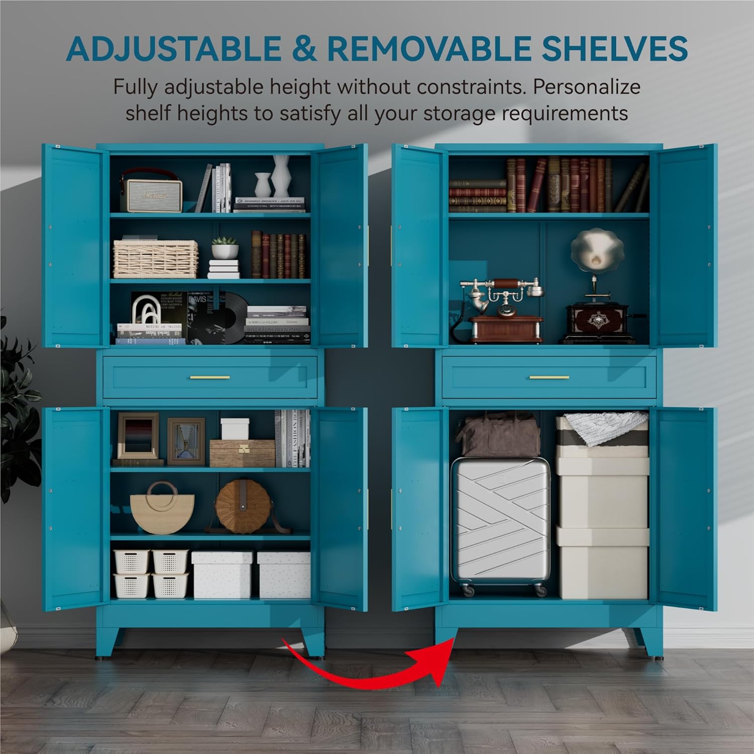 71" Tall Farmhouse Pantry Cabinet,Metal Cabinet with Adjustable Shelves and Doors,Storage Cabinet for Kitchen Garage,Blue 1 Pack