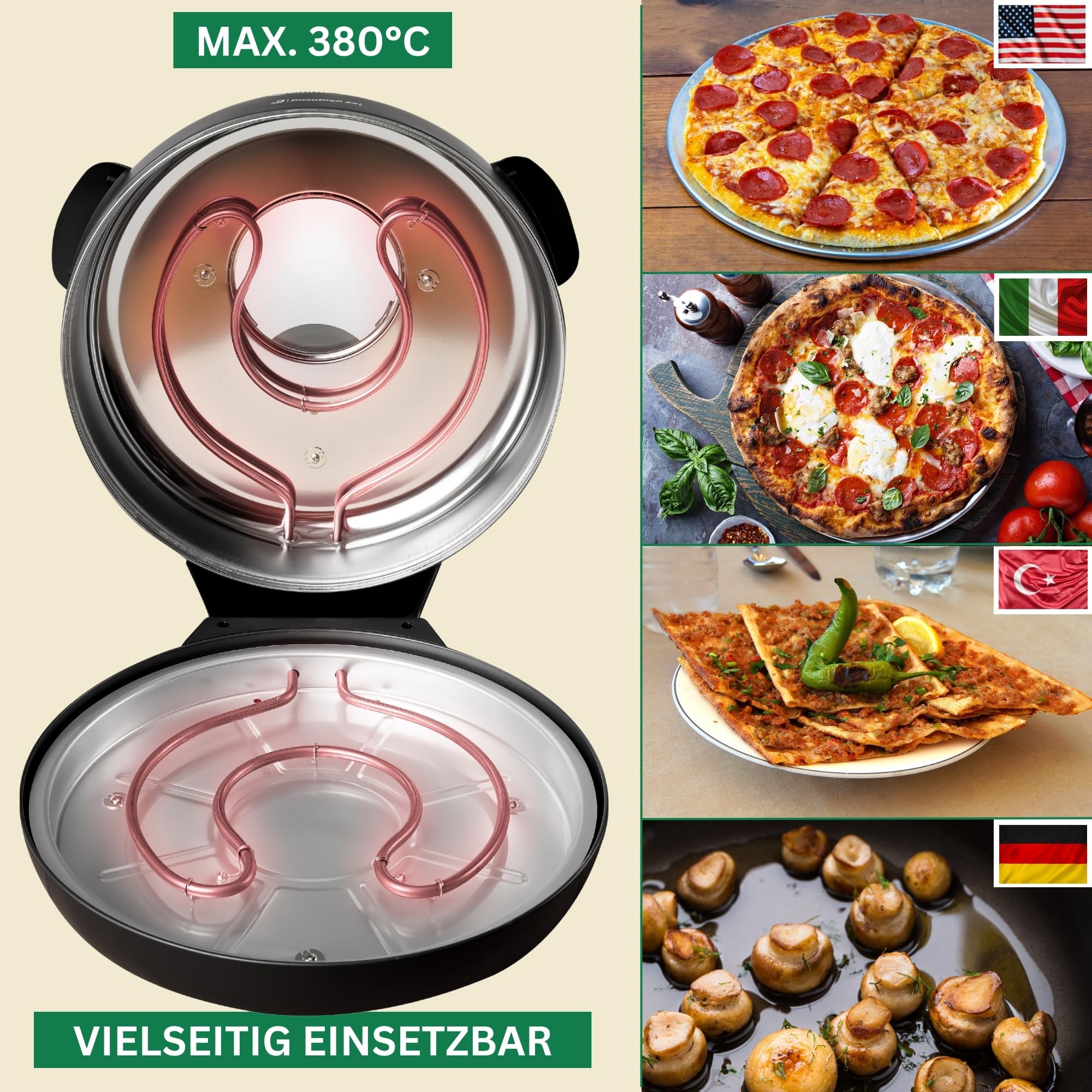 Four à pizza Sommertal PizzaProfi XXL avec plaque en pierre de 39 cm - four à pizza électrique, jusqu'à 400°C - Ensemble de 5 pièces avec insert de poêle, 2x pelle à pizza, cutter, pierre à pizza