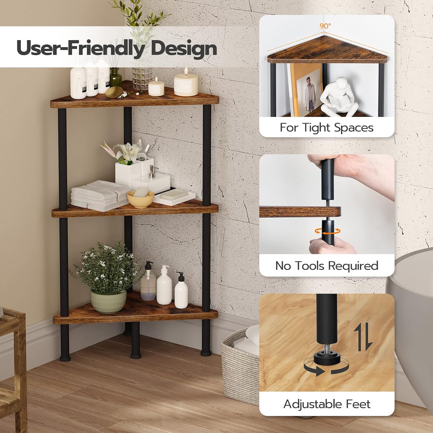 HOOBRO Corner Shelf Stand, Industrial 3-Tier Corner Bookshelf with Metal Frame, Plant Display Shelf, Small Bookcase for Small Spaces, Living Room, Rustic Brown and Black BF30CJ01