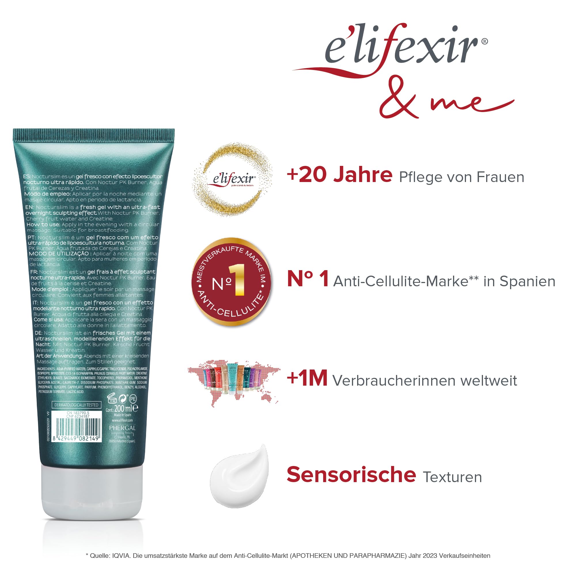 E'lifexir Nocturslim - Intensive Nacht Fettverbrennungscreme | Lipo Skulptur Gel mit drainierender, straffender und Anticellulite Wirkung | Frisch, schnell einziehend, zentimeterreduzierend | 200 mL