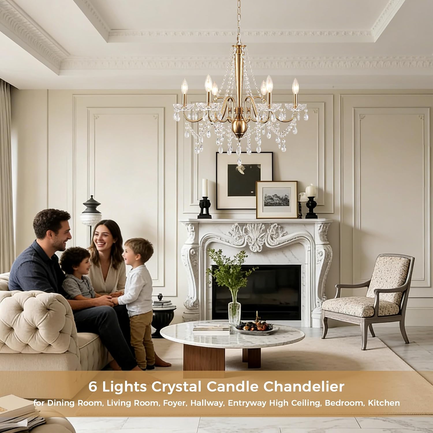 Gold Crystal Chandelier, 6-Light Candle Style Chandelier Lighting with Clear Crystal, 25" Modern Farmhouse Dining Room Chandelier Light Fixture for Living Room Bedroom Kitchen Foyer (Gold)