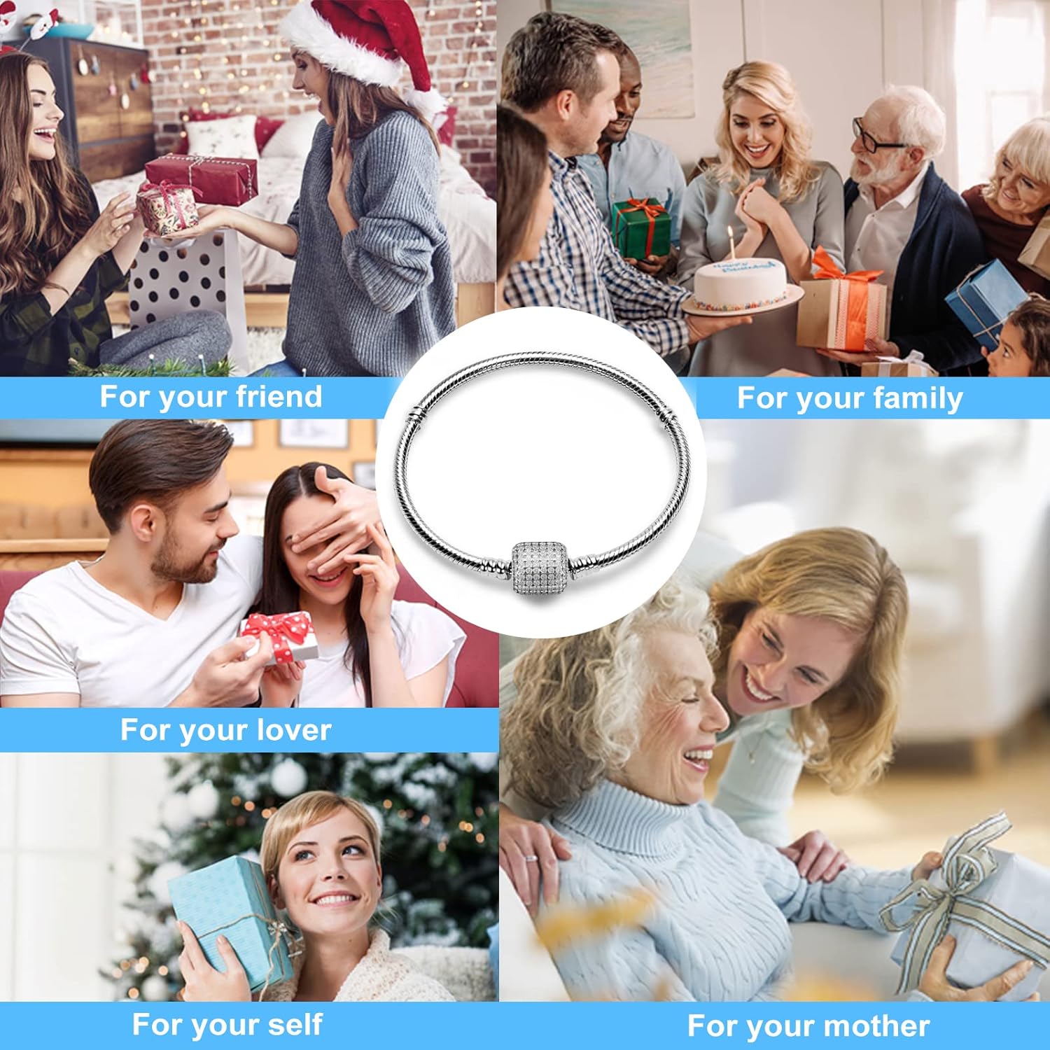 チャームブレスレット チャームビーズにフィット 925スターリングシルバー キュービックジルコニア ハートクラスプ スネークチェーン