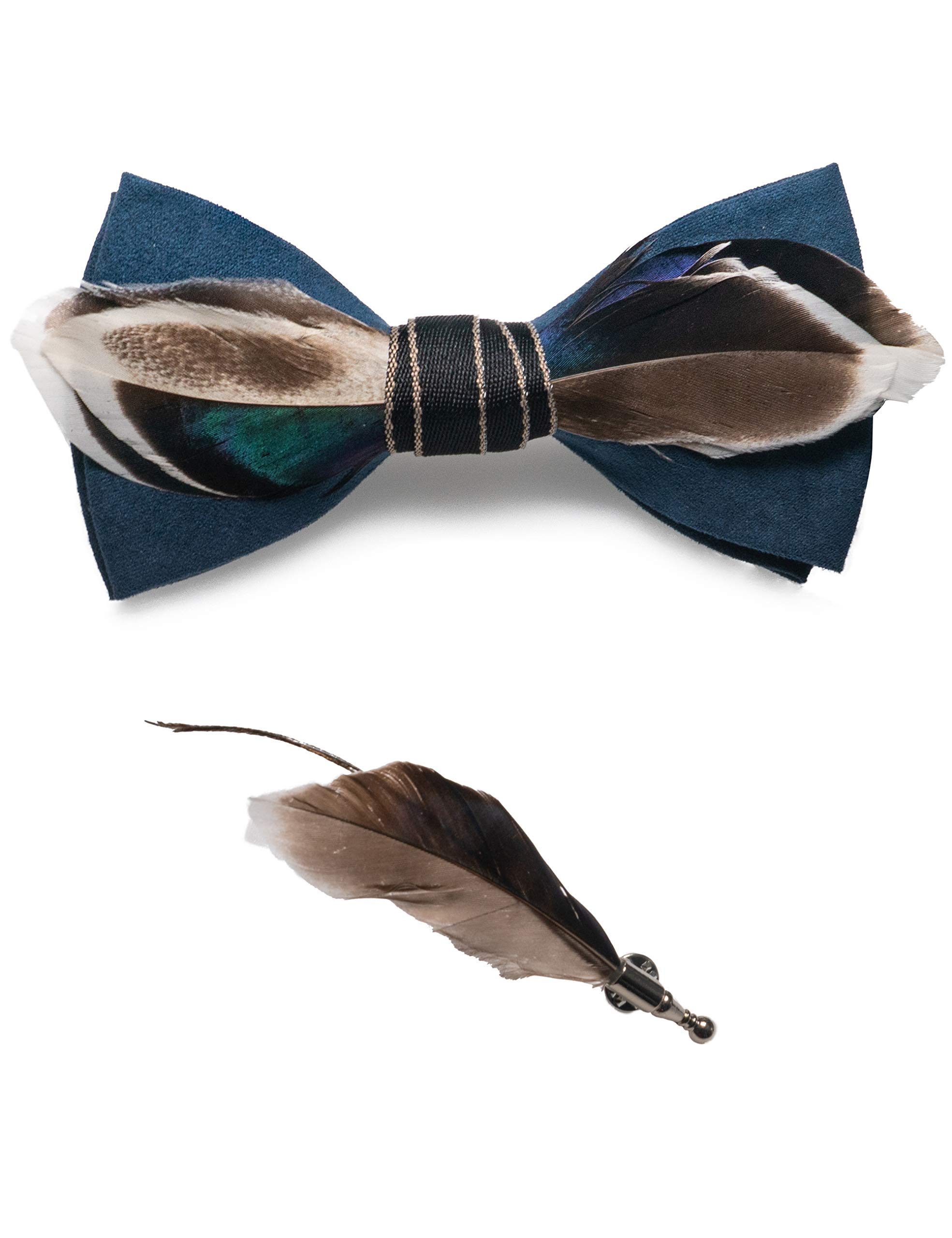 RBOCOTT RBOCOTT Mens Handmade Feather Pre-tied Bow tie and Brooch Sets (navy/brown)