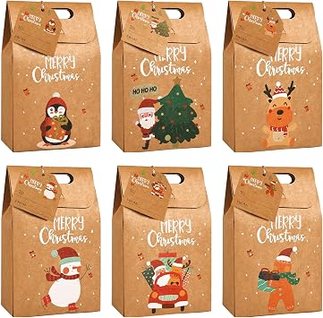 Bszatan 30PCS Christmas Kraft Gift Bags, Treat Boxes with Assorted Christmas Prints and Tags for Kraft present Bags, Goody Bags, Xmas Gift Bags, School Classrooms and Party Favors