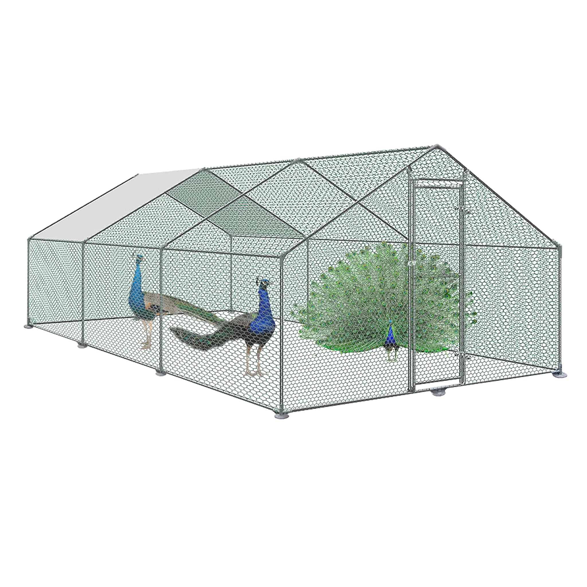LILIIN Jaula para aves de corral con castillo, gallinero con techo de PE, jaula para animales pequeños de acero galvanizado, jaula para aves de corral con techo de PE y puerta para jaula de mascotas