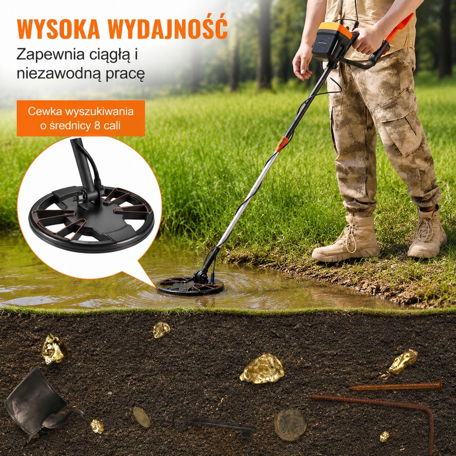 Zestaw wykrywacza metali, wskaźnik z wyświetlaczem, regulowany trzon, łopata, torba
