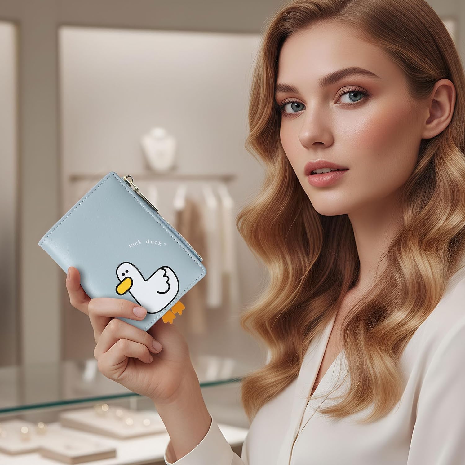 Small Womens Wallet, Cute Bifold RFID Blocking Vegan Wallet for Teen Girls Ladies with Zipper Coin Pocket (Duck Blue)