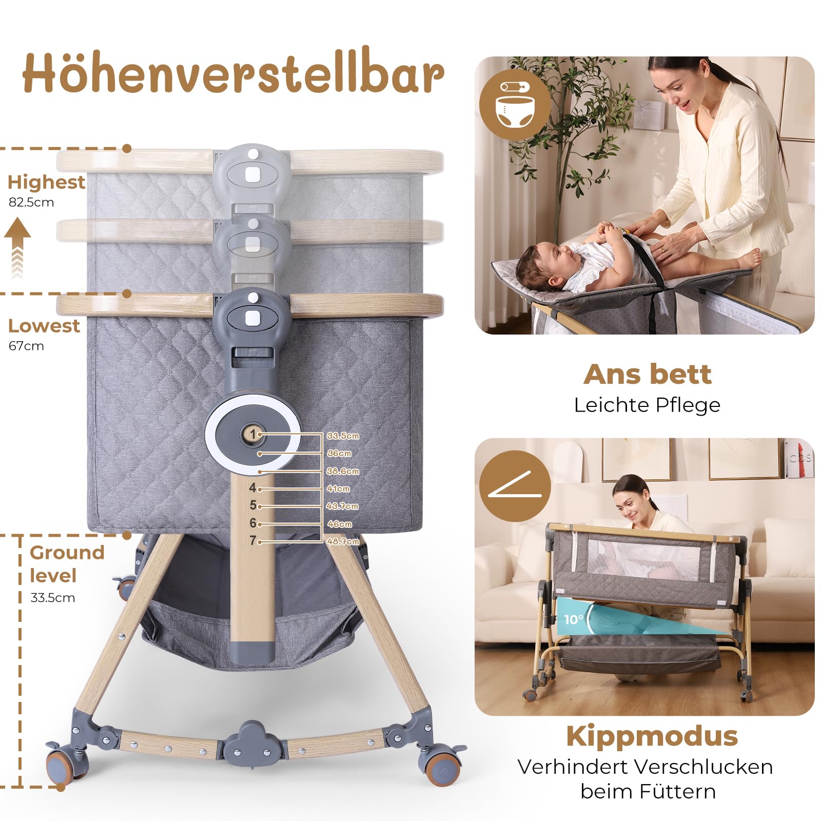 HOLAVIDA 5 in 1 Beistellbett Baby, Höhenverstellbare Babywiege, Stubenwagen Baby mit Wickeltisch, Aufbewahrungskorb, Moskitonetz, Matratze, Tragbar Reisebett für Neugeborene/Kleinkinder (Grau)