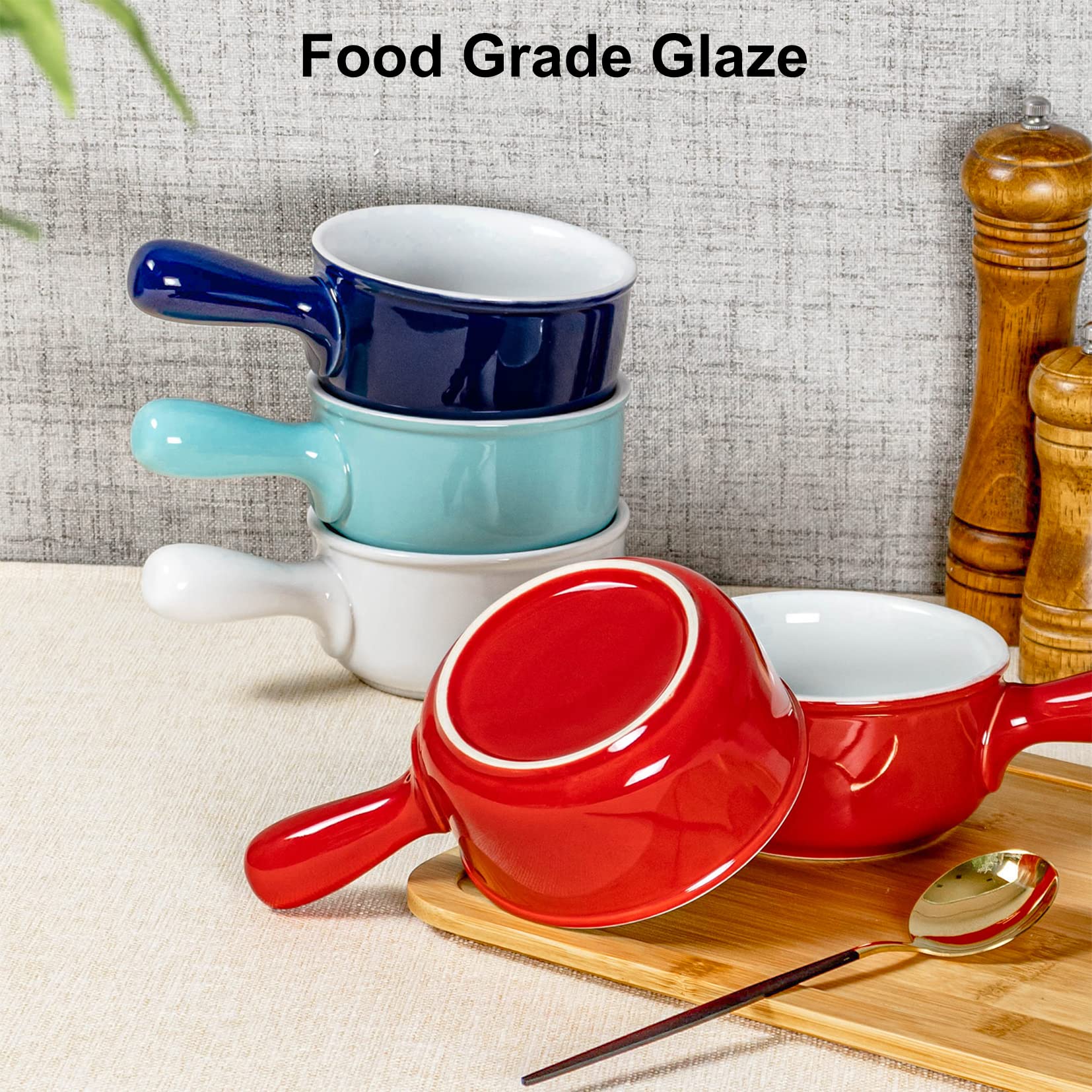 UNICASA Juego de 4 Tazones de Sopa con Asa, Tazón de Cebolla Francesa de 400ML, Tazón de Porcelana para Sopa para 4 Personas - Rojo, 4 x 400ml
