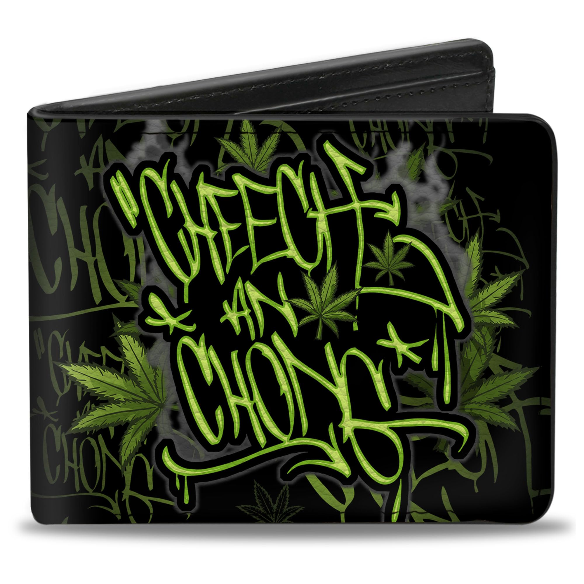 Buckle-Down Men's Cheech & Chong Wallet, Bifold, Tag Pot Leaves Smoke Black Greens, Vegan Leather, 4.0
