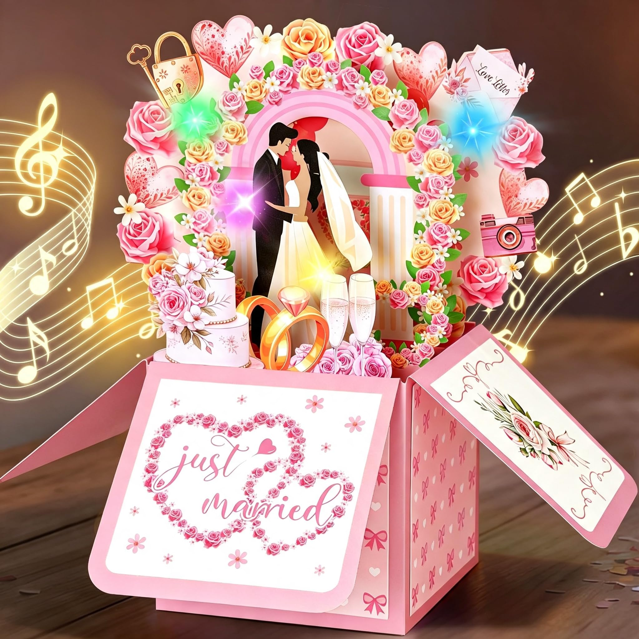 QIANSSE 3D Musical Wedding Card with Light for Bride & Groom
