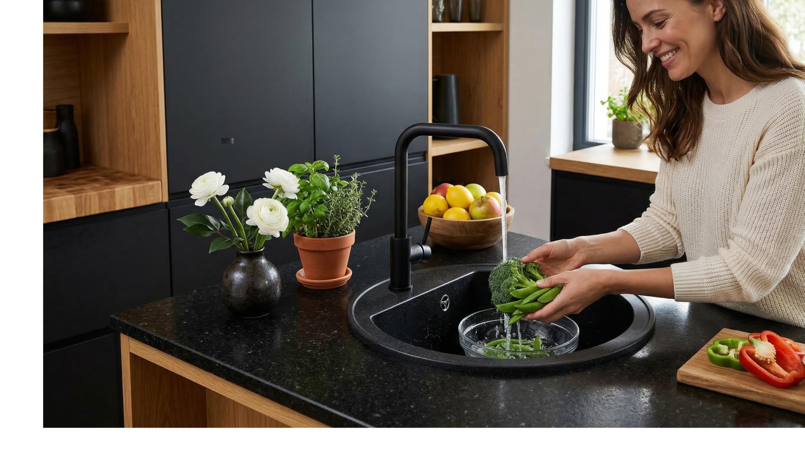 Évier, Évier de Cuisine en Granit, Évier Encastré, Cuve Simple Avec Siphon, Résistant aux Taches et Facile d'Entretien, 80% Sable de Quartz, 1 cuve, Rond, Ø 49, Graphite - Noir Moucheté