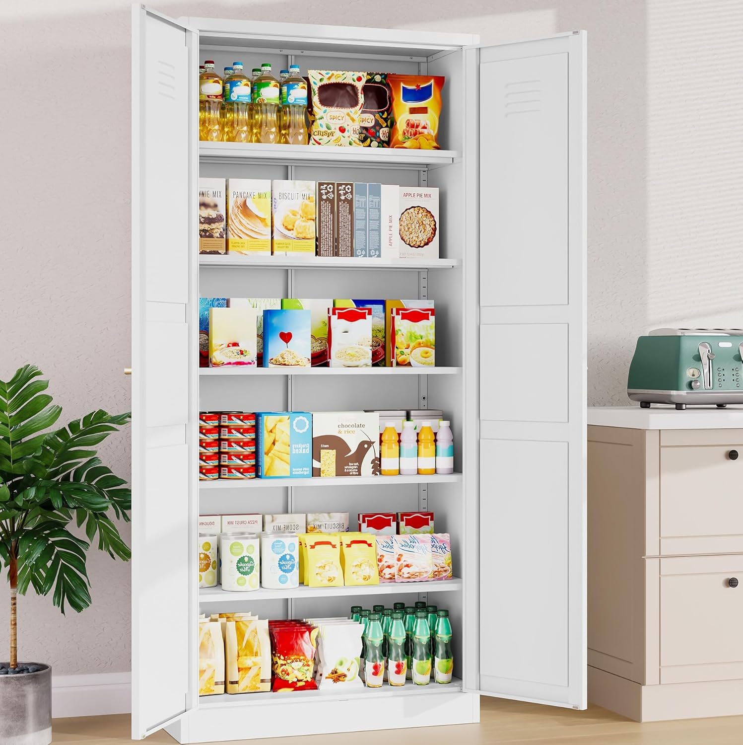 SISESOL Armario de almacenamiento de metal blanco, armario de despensa de 71 pulgadas de alto, armarios de almacenamiento de despensa de cocina con