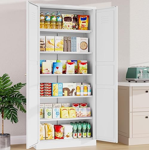 SISESOL Armario de almacenamiento de metal blanco, armario de despensa de 71 pulgadas de alto, armarios de almacenamiento de despensa de cocina con