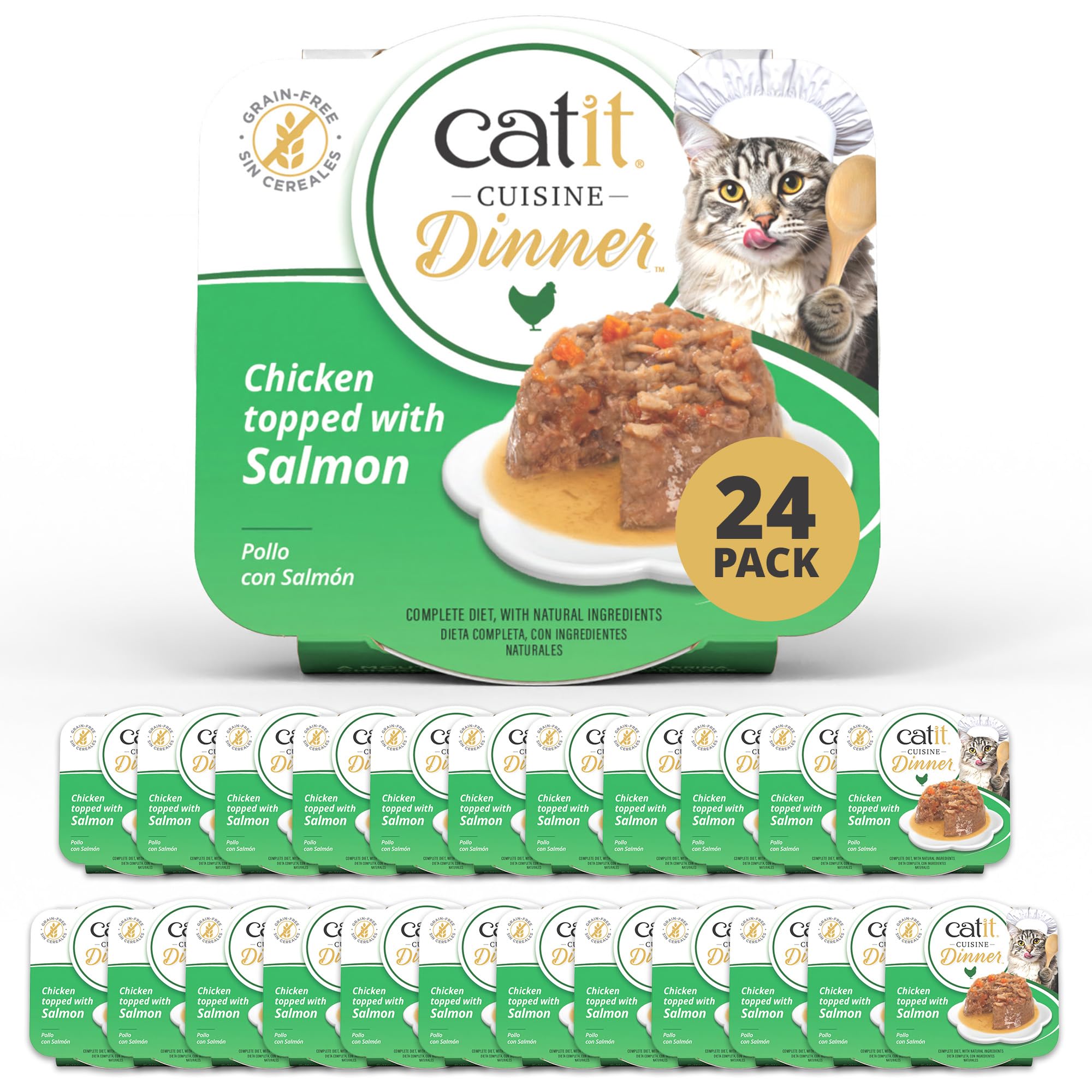 Catit Cuisine Dinner, Chicken Topped with Salmon Dual-Layered Terrine, Grain Free Wet Cat Food in Gravy, Real Meat Food for Adult Cats, 24 x 75g