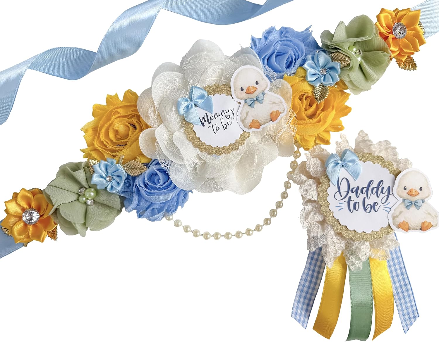 Baby Goose Duck Shower Mommy To Be Sash & Daddy To Be Pin – Baby Shower Decorations, Pastel Maternity Corsage Set, Gender Reveal Party Keepsake