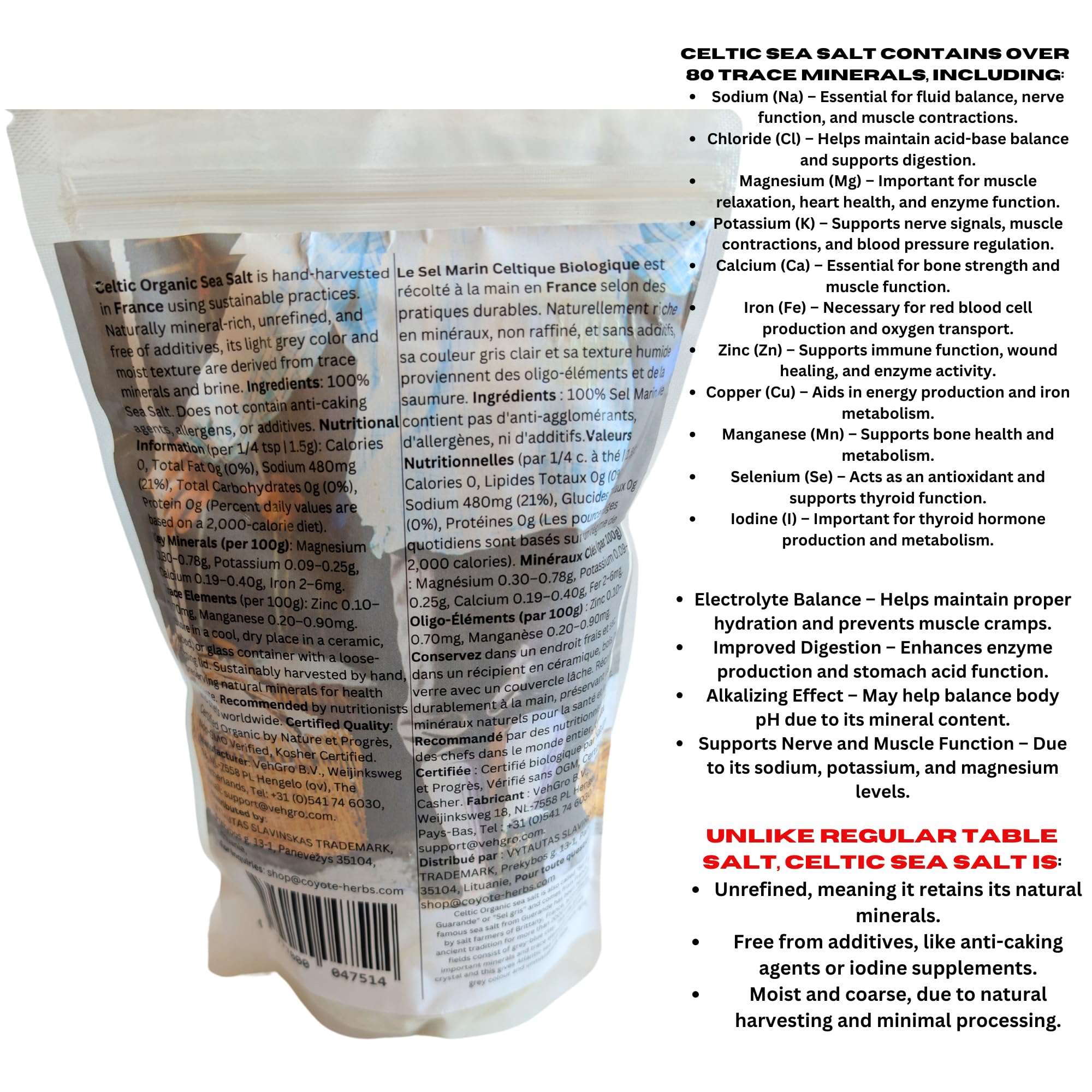 Sale marino celtico biologico fine secco 4 lb (1815 g) - Premium Sel de Guérande dalla Francia - Non raffinato, ricco di minerali, sale marino fine gourmet - raccolto a mano, naturale, perfetto per