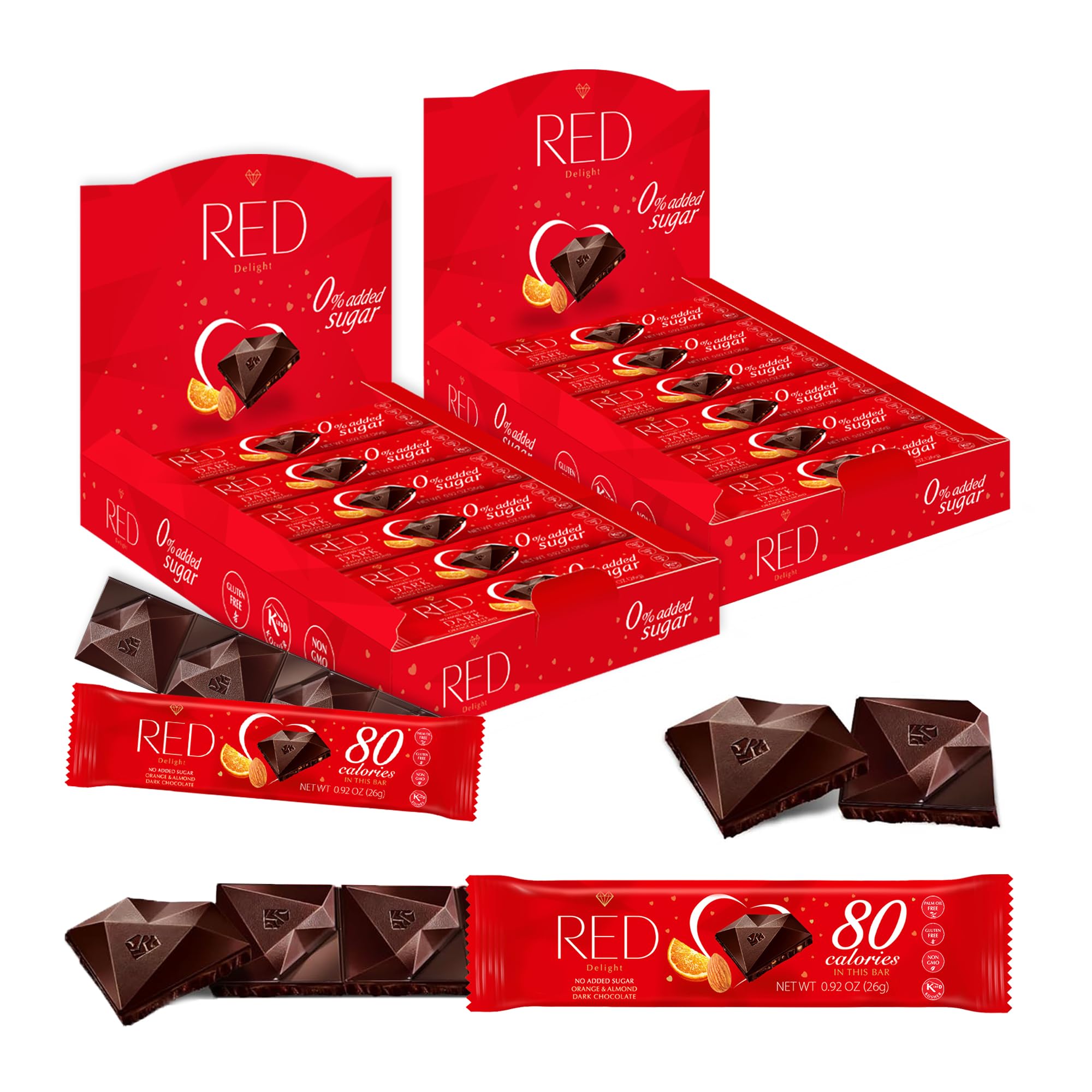 Red Delight Orange and Almonds Chocolate Snack Bars - Pack of 24 Diamond-Shaped Vegan Chocolates (22.08oz) with Rich Cocoa Flavor - European-Style Dark Chocolates - Gluten-Free and Kosher