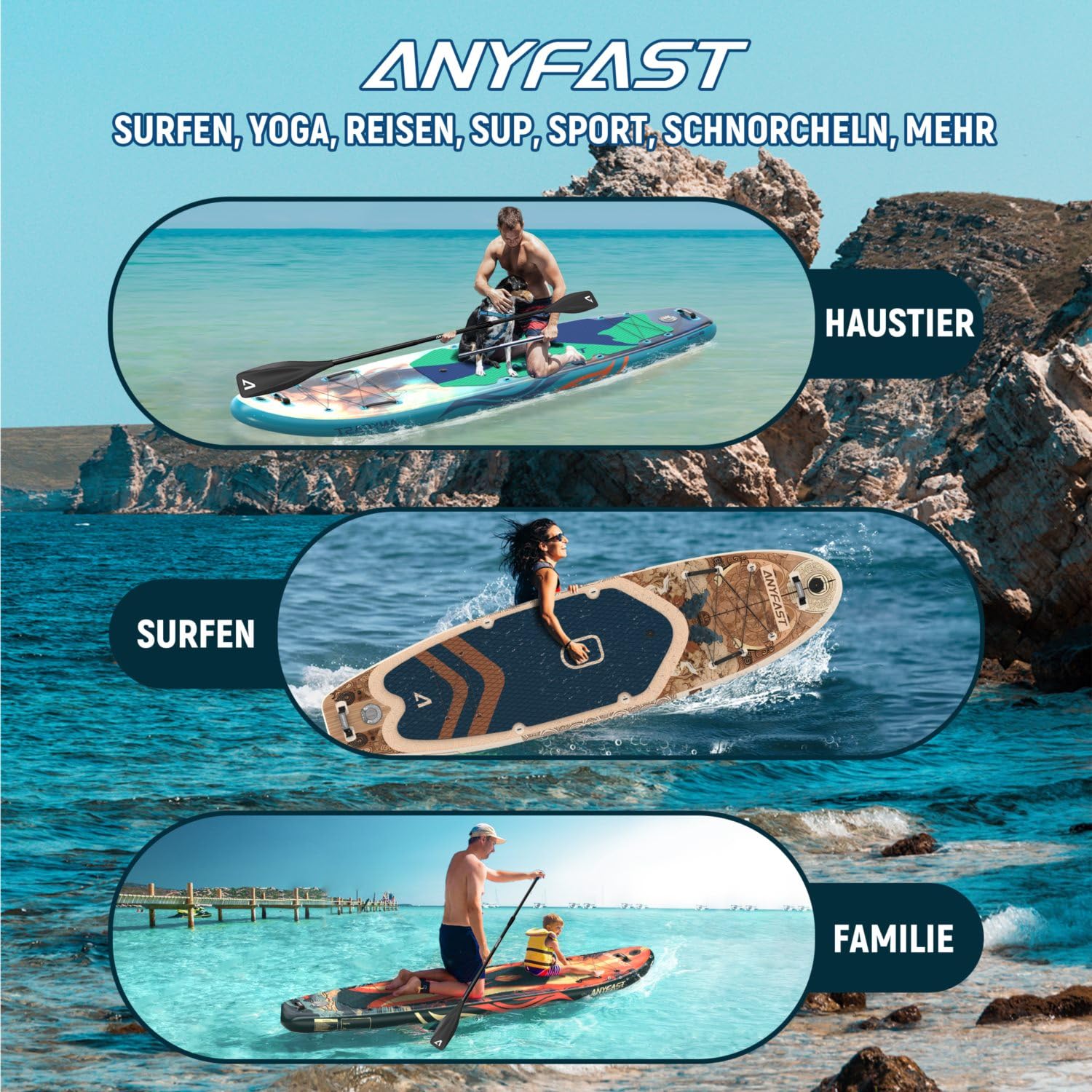 Planche à pagaie de pêche gonflable large – 204,1 kg, extra large, ultra stable, antidérapante, pompe, support pour appareil photo, laisse, sac à dos, poignée pour enfant, accessoires, surf