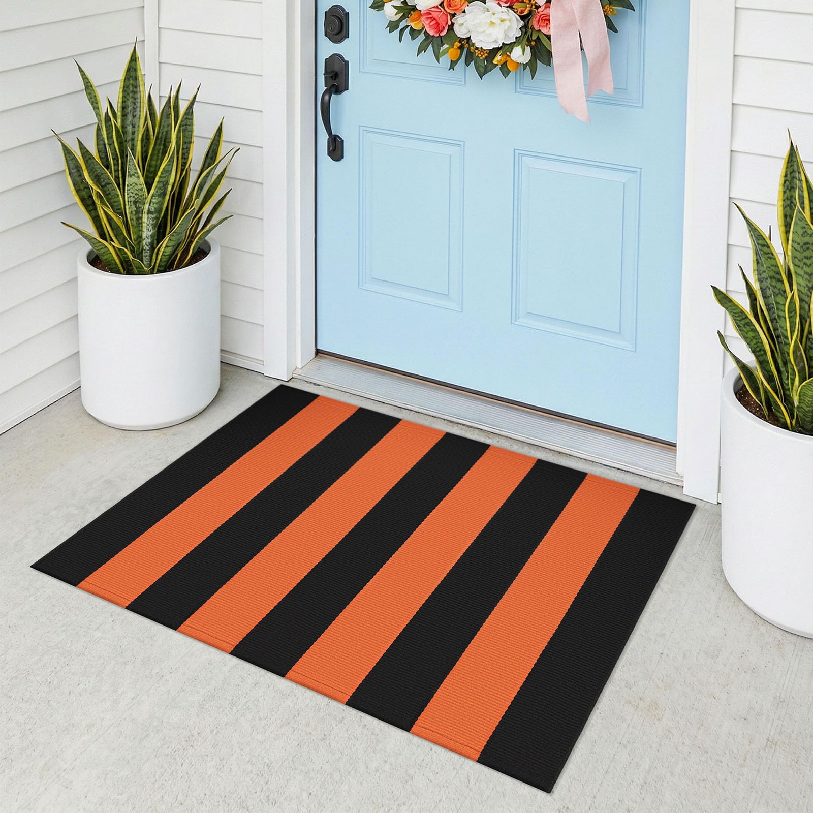 KOZYFLY Striped Rug 2x3 ft Orange and Black Halloween Woven Front Door Mat — image 1