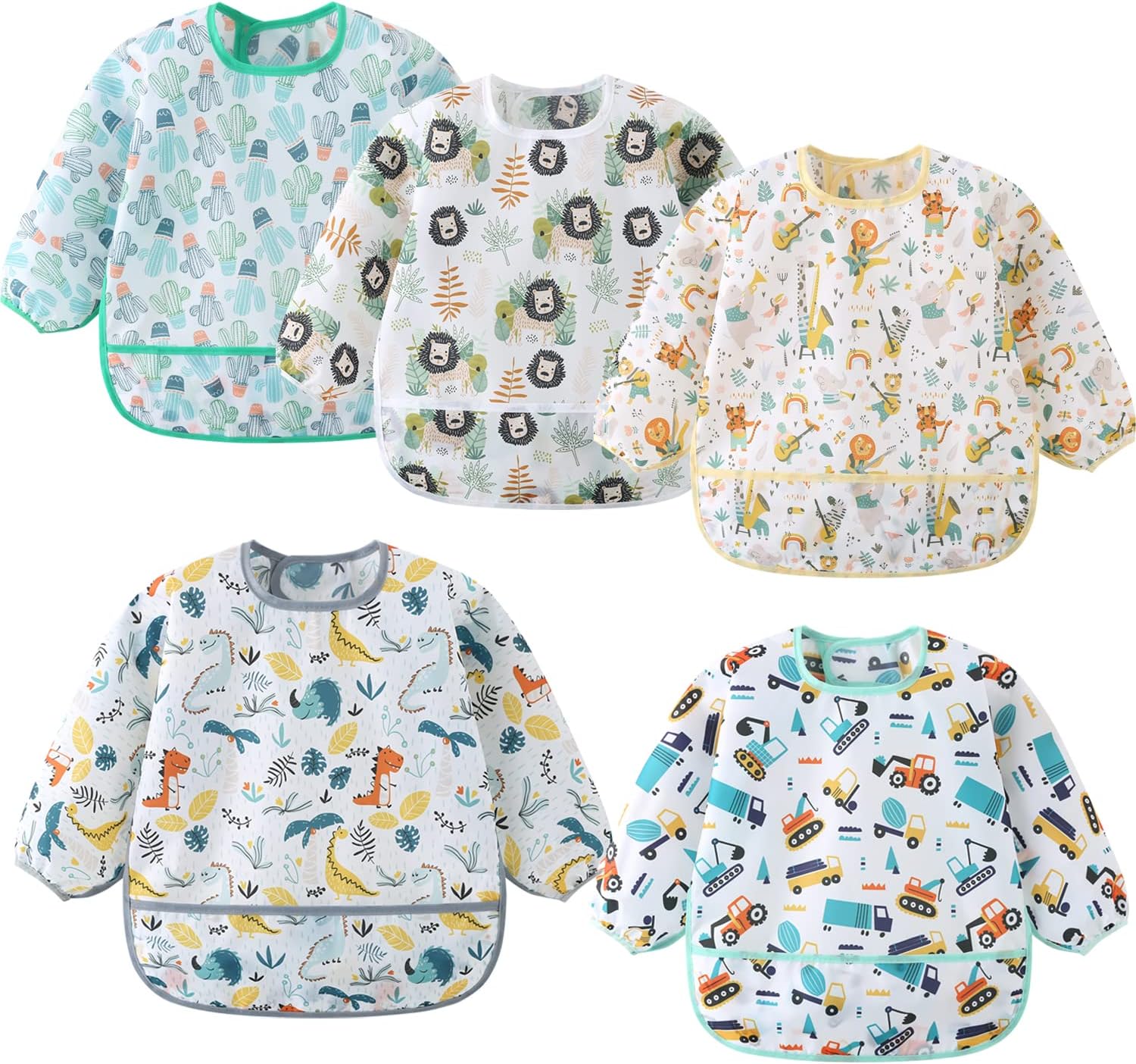 Long Sleeve Bibs 5 Pack Waterproof Sleeved Bib Baby Toddler Soft Bib for 6-30 Months