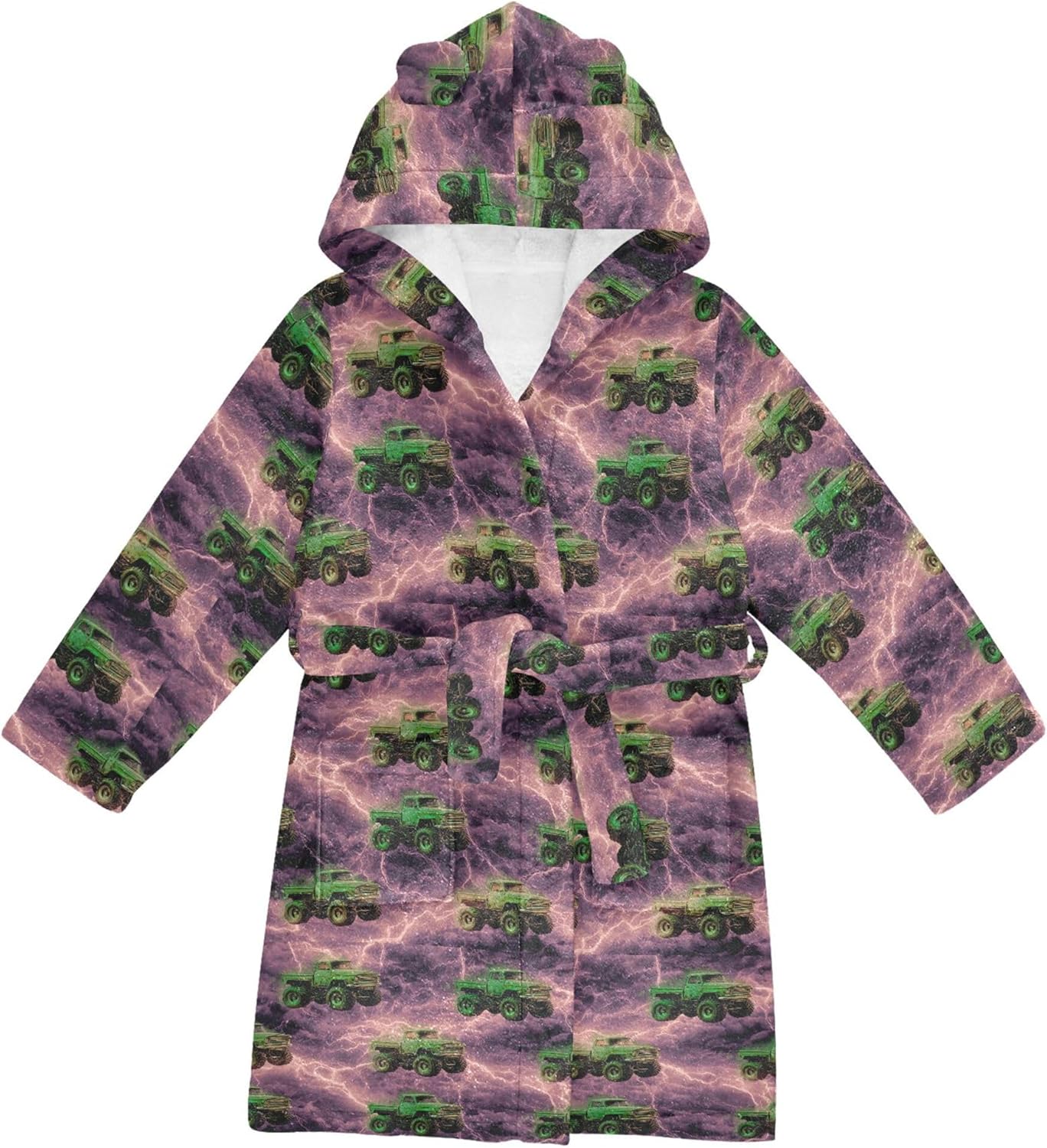 Monster Truck Lightning Bathrobe Hooded PJ Robe Plush Fleece Robe Pajama Sleepwear 2-12 Years