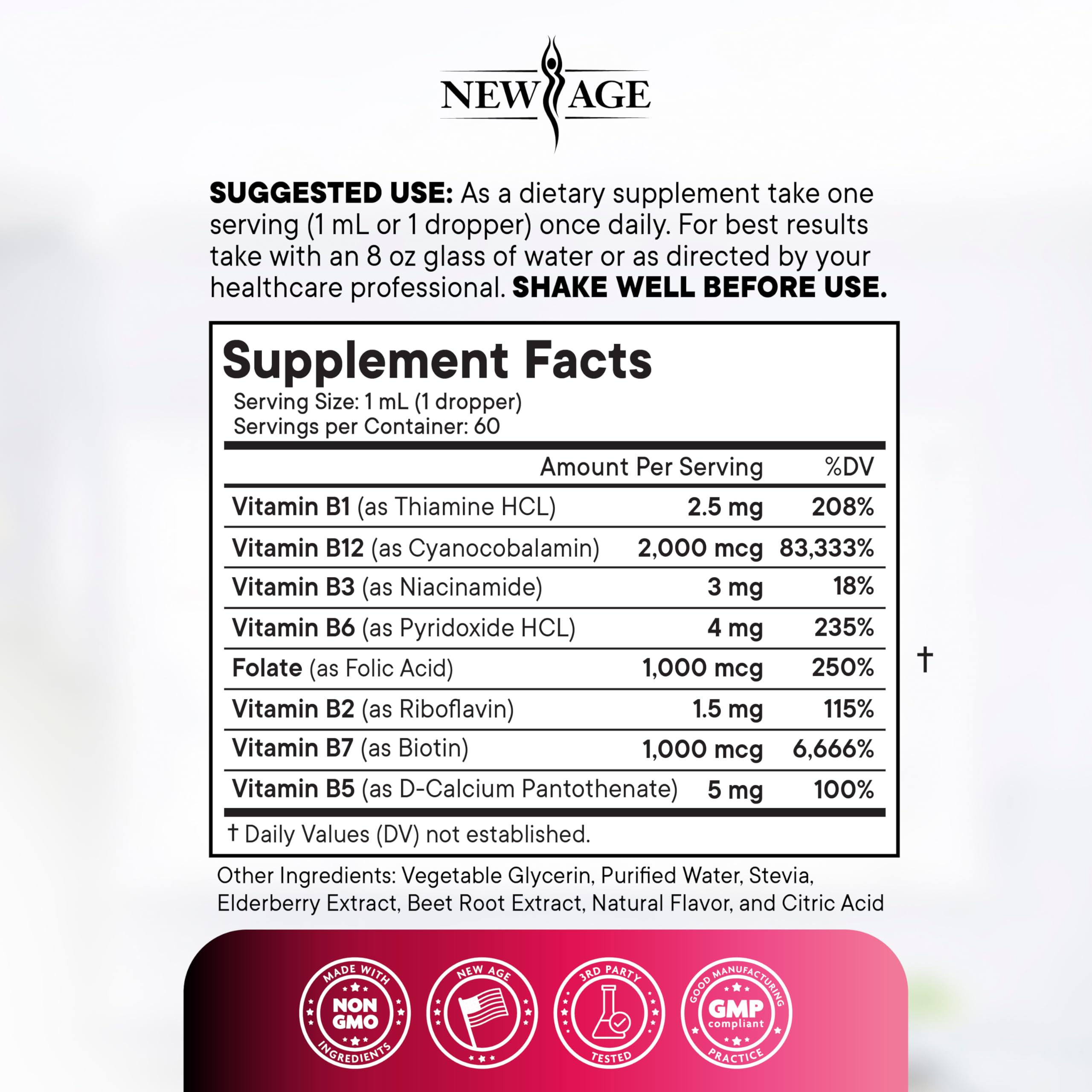 NEW AGE Vitamin B-Complex B5 Pantothenic Acid | B12 Methylcobalamin | B1 Thiamine | B6 Pyridoxine | B7 Biotin | B9 Folic | B3 Niacinamide - B Complex Liquid Drops, Made in USA Supplement - 4fl oz — Amazon image 4