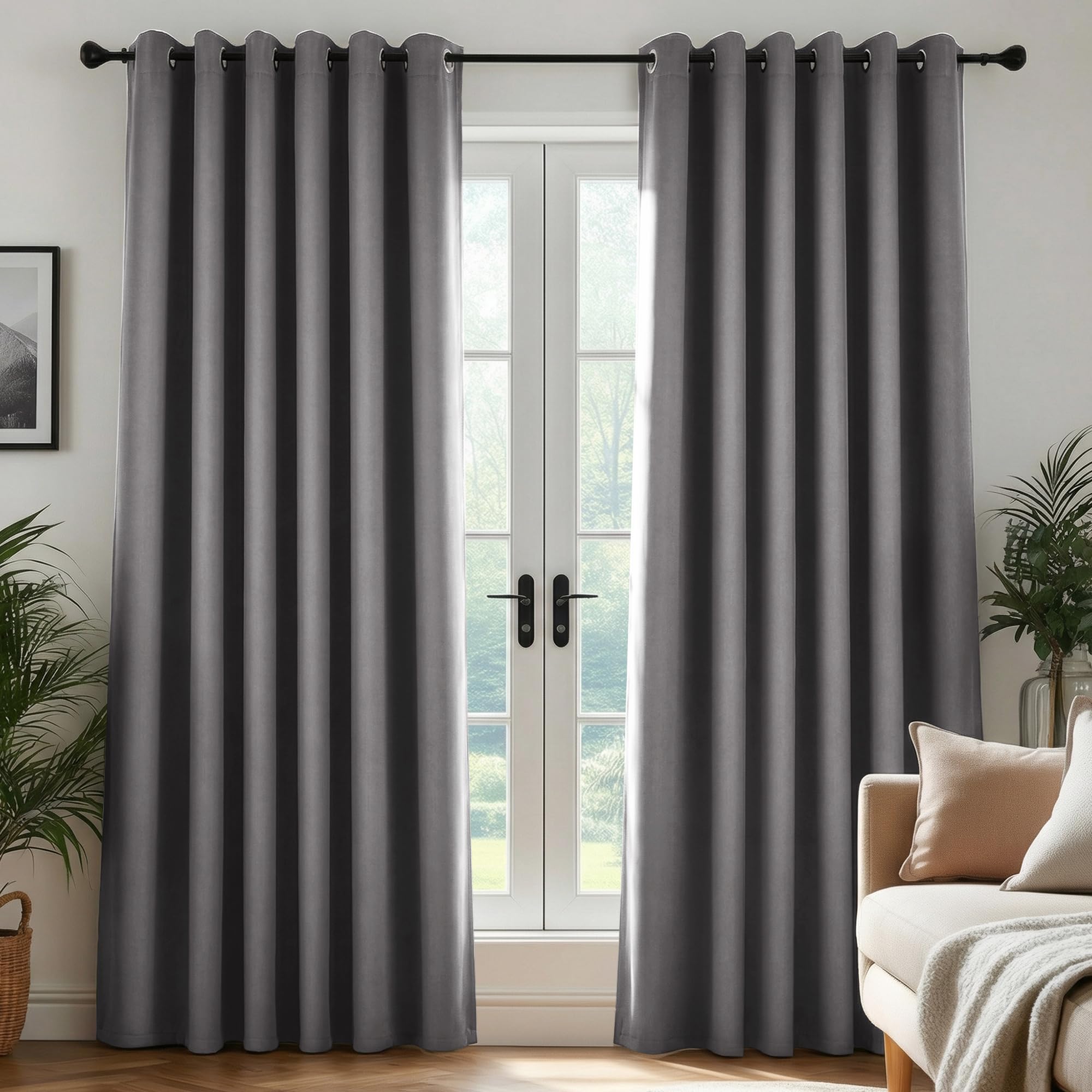 Deconovo Blackout Curtains Eyelet, Energy Saving Super Soft Thermal Insulated Kitchen Curtains for Windows, W90 x L84, Light Grey, 2 Panels — image 1