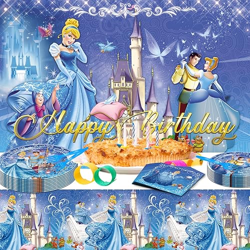 Miniatura 6 de Decoraciones de fiesta de Cenicienta, incluye telón de fondo de fiesta temática de Cenicienta de 5 x 3 pies, globo de película de aluminio, mantel,