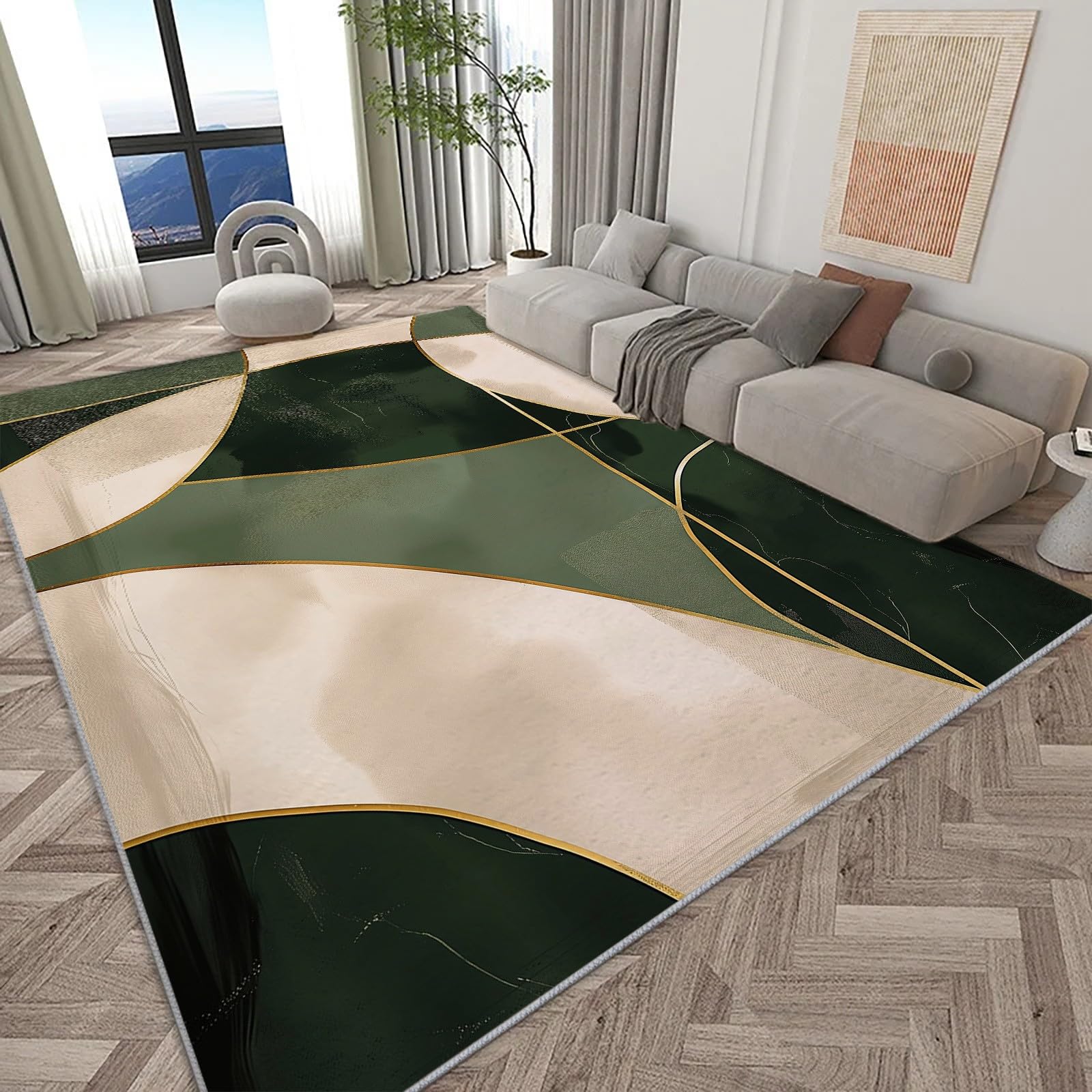 Teppich Läufer 120 x 170 cm Dunkelgrün Design, Minimalistische Abstrakte Streifen Kurzflor Teppich für Wohnzimmer Schlafzimmer Esszimmer Küche Flur Jugendzimmer - Weich Waschbarteppich Pflegeleicht
