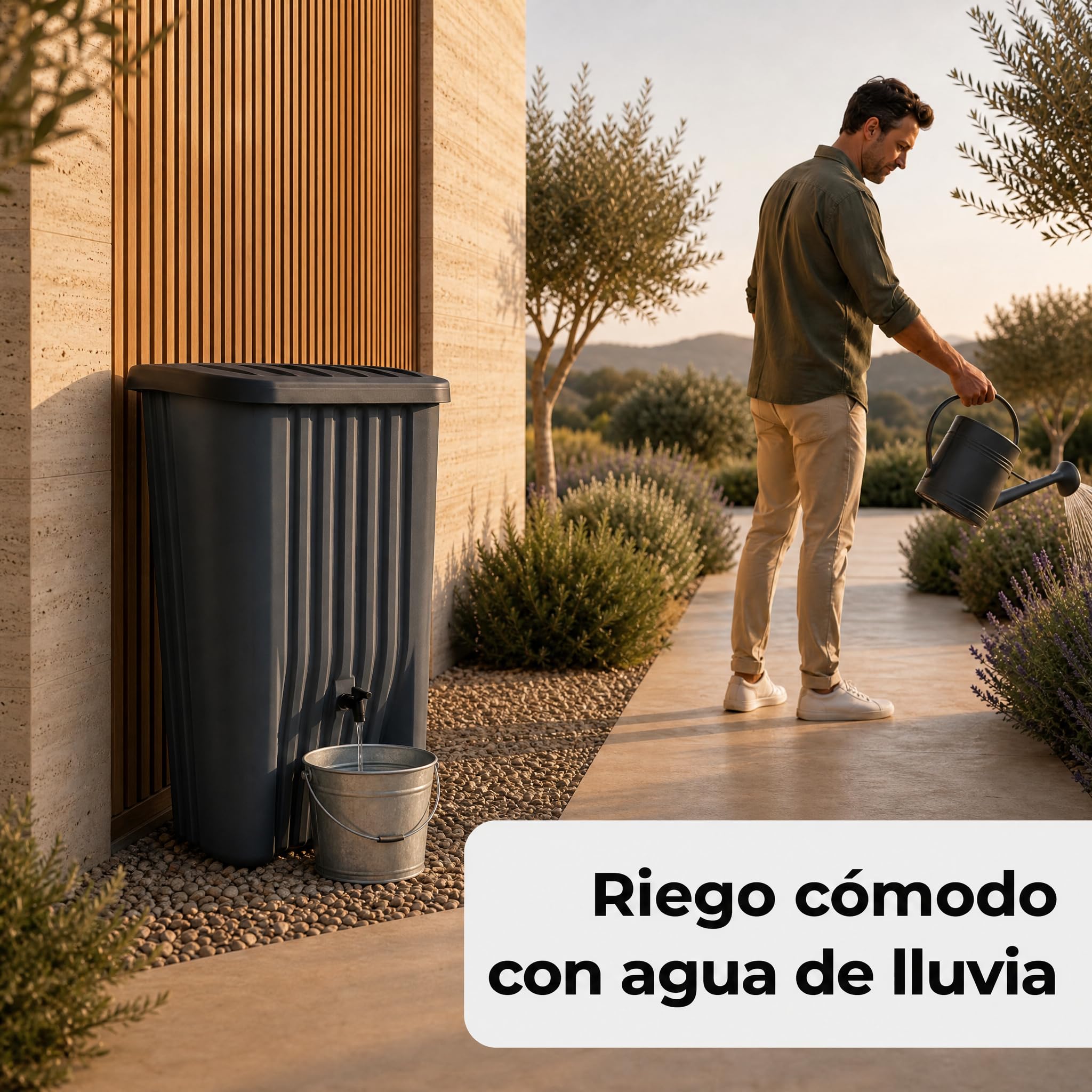 YourCasa Depósito Agua Lluvia 150 L, Estrecho con Grifo, Antracita | Recolector de agua de lluvia compacto para jardín, terraza y balcón; plástico resistente UV, fabricado en Francia