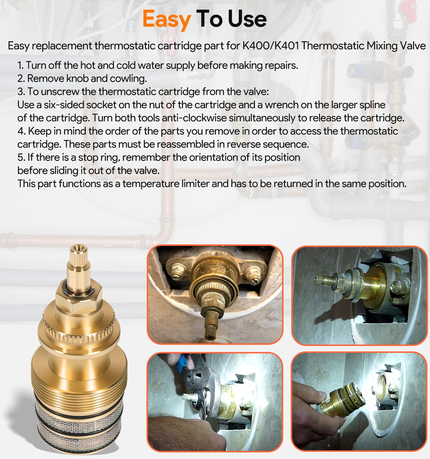 Kohler K400/K401 Thermostatic Water Valve Replacement - 78913 3/4 Inch High Flow Cartridge