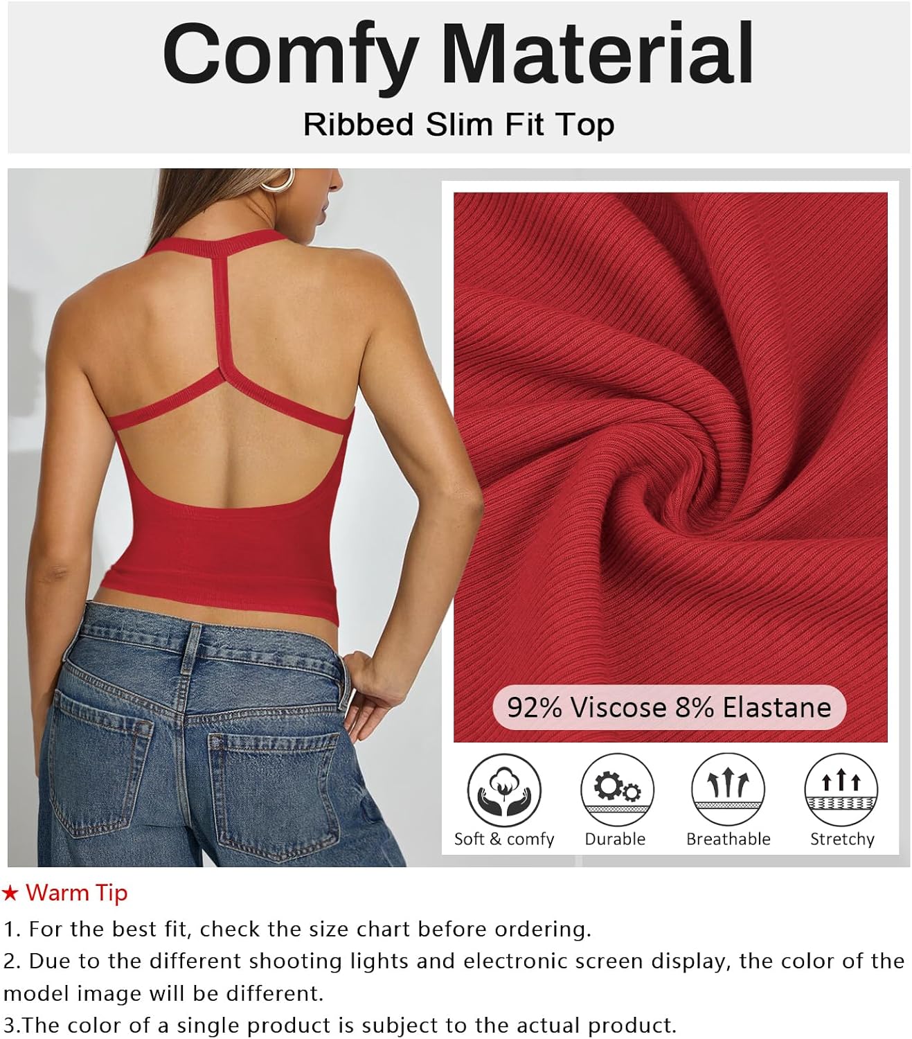 Halter Workout Tops for Women Racerback Ribbed Fitted Tank Tops Scoop Neck Split-Back Shirts for Yoga Athletic Sport - Image 6