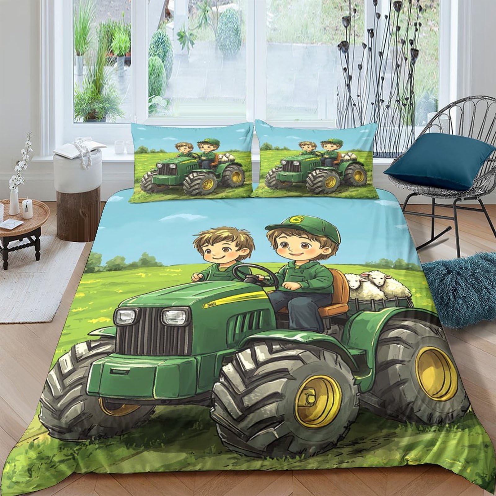 Ctjqhvkz Style-2 3D Printed Cartoon Tractor Fitted Sheet Microfiber Soft Green Farm Mattress Cover For Bedroom Dorm Decor Single（135X200cm）