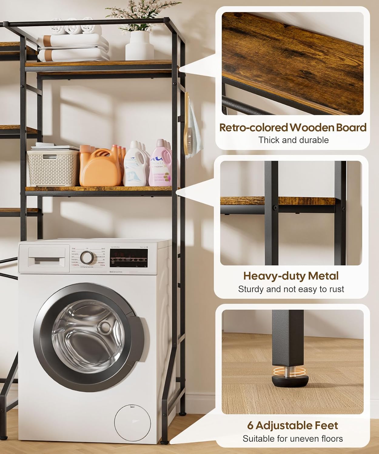 Homde Over The Washer and Dryer Storage Shelf, 5-Tier Heavy Duty Laundry Room Organizer Standing Shelf with Hanger Rod & Anti-Tip, Space Saving Rust Proof Shelving for Bathroom, Balcony