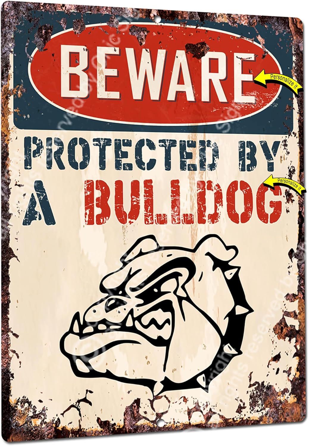 Placa de metal con texto en inglés Beware Protected by A Bulldog (Beware Protected by A Bulldog), estilo vintage, retro, rústico, 9 x 12 pulgadas,