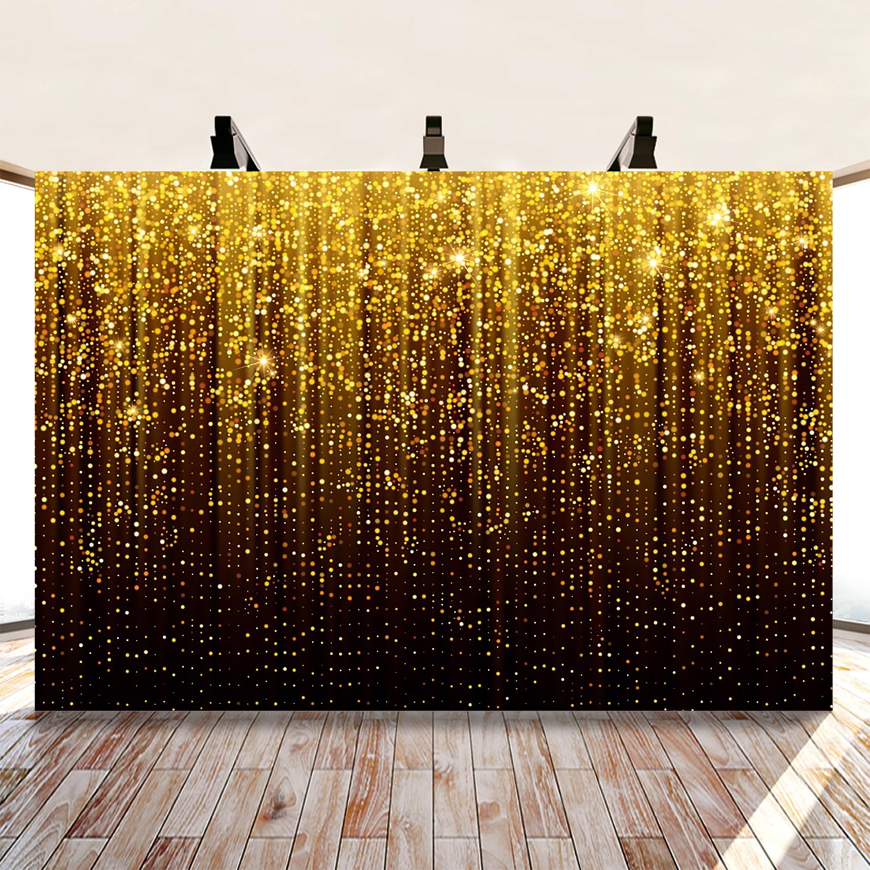 4,2x3m Telón de Fondo Negro y Dorado Fondo de fotografía Abstracto Punto Dorado Brillo Decoración de Fiesta de cumpleaños de Boda Fondo de Vinilo Fondo de fotografía de Retrato, Vinilo