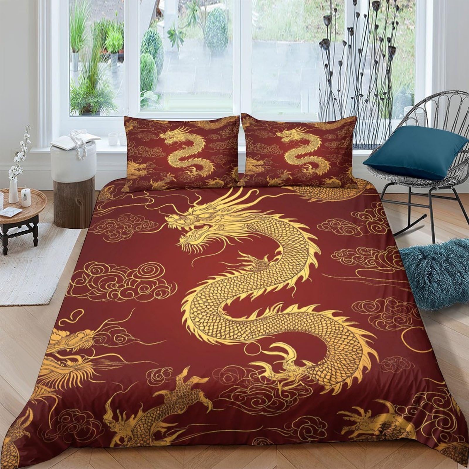 Ctjqhvkz Style-3 3D Printed Golden Dragon Fitted Sheet Microfiber Red Oriental Bed Cover Anti-Slip Easy Care Bedroom Decor For Home Dorm Guest Room Single（135X200cm）
