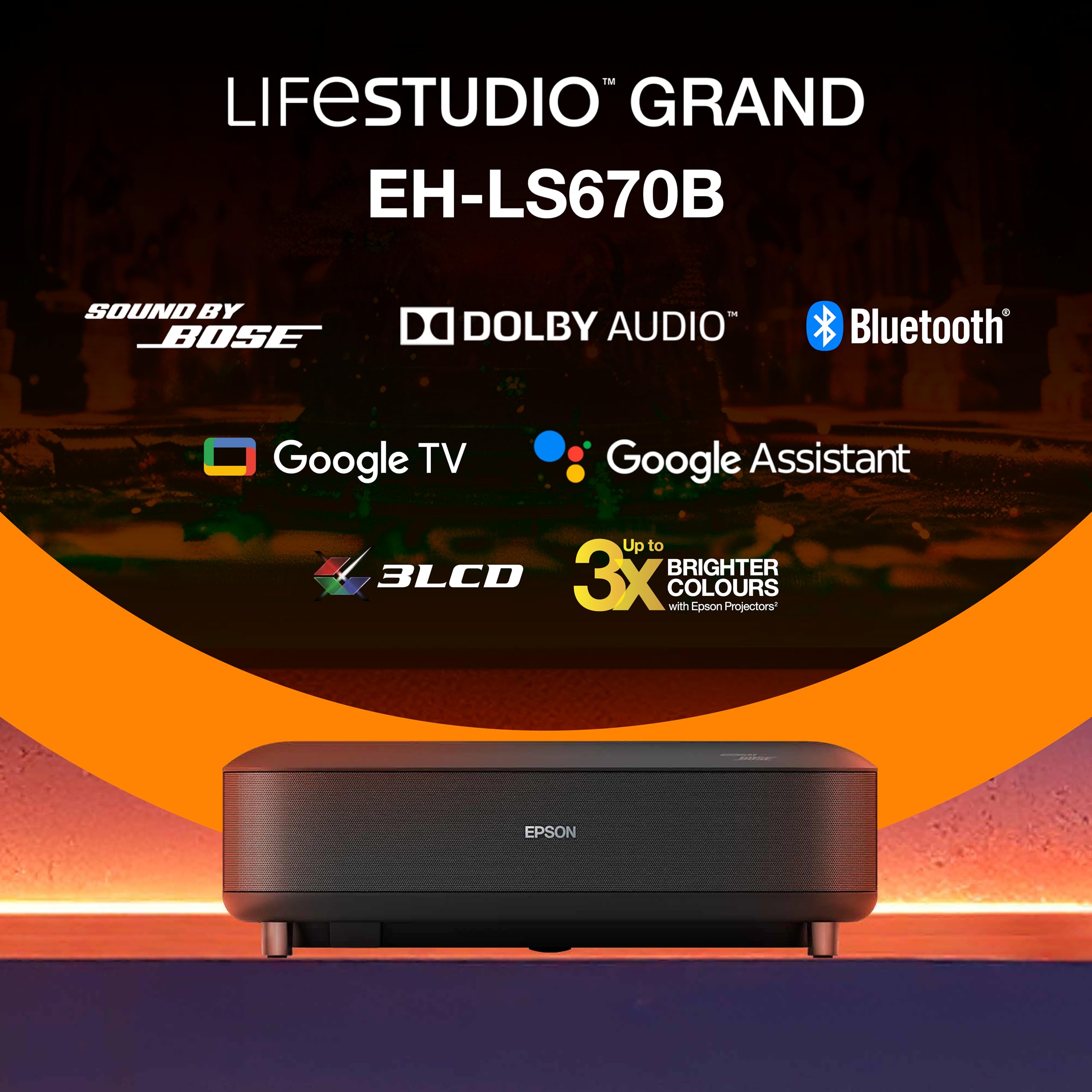 Epson Lifestudio Grand EH-LS670B | Proyector láser Smart TV de Distancia ultracorta | 4K Pro‑UHD | 3600 lúmenes | Imágenes con IA | Sound by Bose | Google TV | hasta 120″ | Garantía de 5 años | Negro