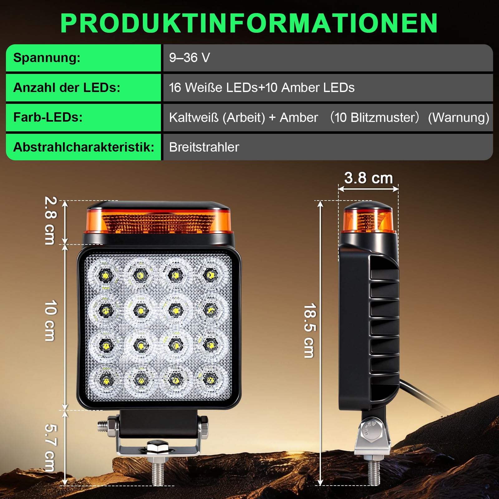 2x LED Arbeitsscheinwerfer mit Warnlicht Gelb (10 Blitzmodi & Memory), 18W 12V 24V Zusatzscheinwerfer Traktor, LKW & Bagger, IP68 Wasserdicht, 2-in-1 Rückfahrscheinwerfer & Blitzleuchte