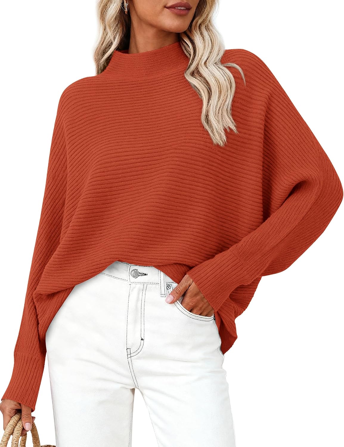 PRETTYGARDEN Womens Batwing Long Sleeve Sweaters Casual Mock Neck Ribbed Knit Cozy Pullover Sweater Tops 2026 Spring Clothes