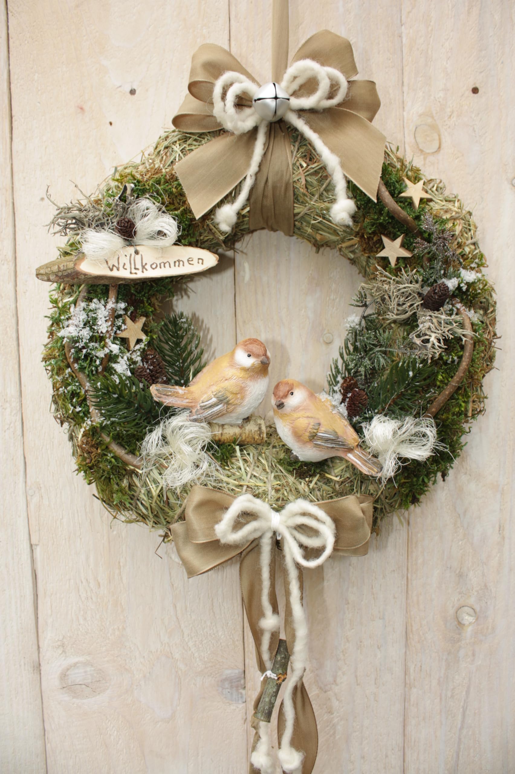Türkranz D32 cm mit Zwei Vögel beige Taupe weiß Winter