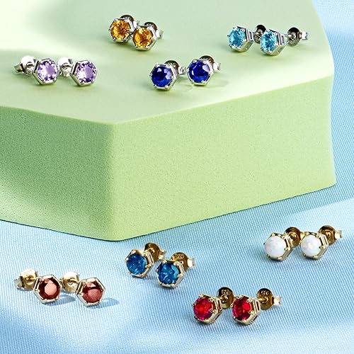 Miniatura 5 de Nicole Miller Fine Jewelry - Aretes redondos de piedra natal para mujer, chapados en oro amarillo de 4 quilates o plata de ley 925, hipoalergénicos