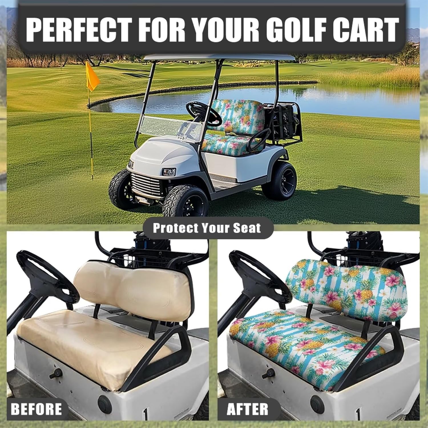 Biyejit Golf Cart Seat Covers, Golf Cart Backrest and Bench Seat Covers for Club Car Universal 2 Person Seats Cushion