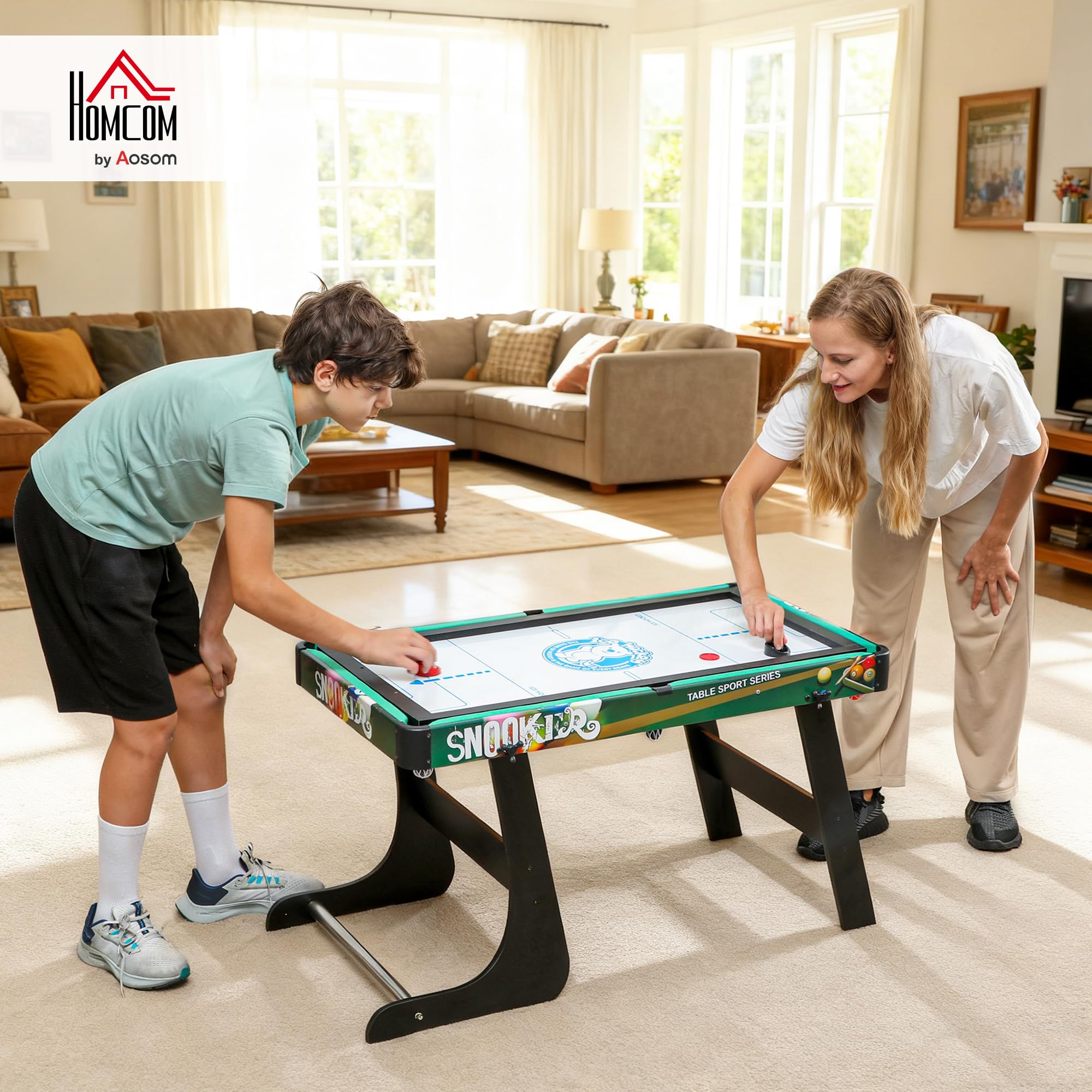HOMCOM Mesa Multijuegos 6 en 1 Plegable para Niños de 7+ Años Mesa de Juegos Billar Futbolín Ping Pong Aro de Lanzamiento Hockey sobre Hielo Aire Hockey 118x104x71 cm Multicolor