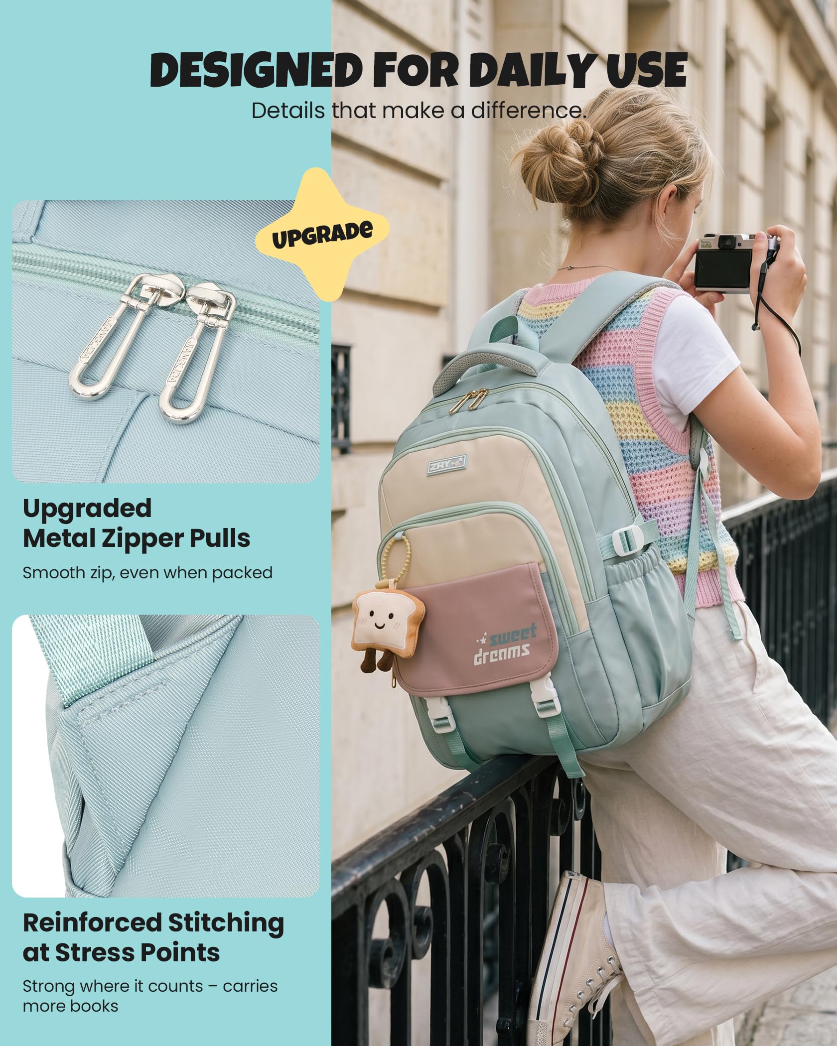 Amythe Mochilas Escolares de Niña Adolescente - Mochila Colegio Chicas 10 12 16 18 años - Mochila Grande para portátil con Bonito Colgante - Mochila de Viaje Casual Ligera e Impermeable -Verde