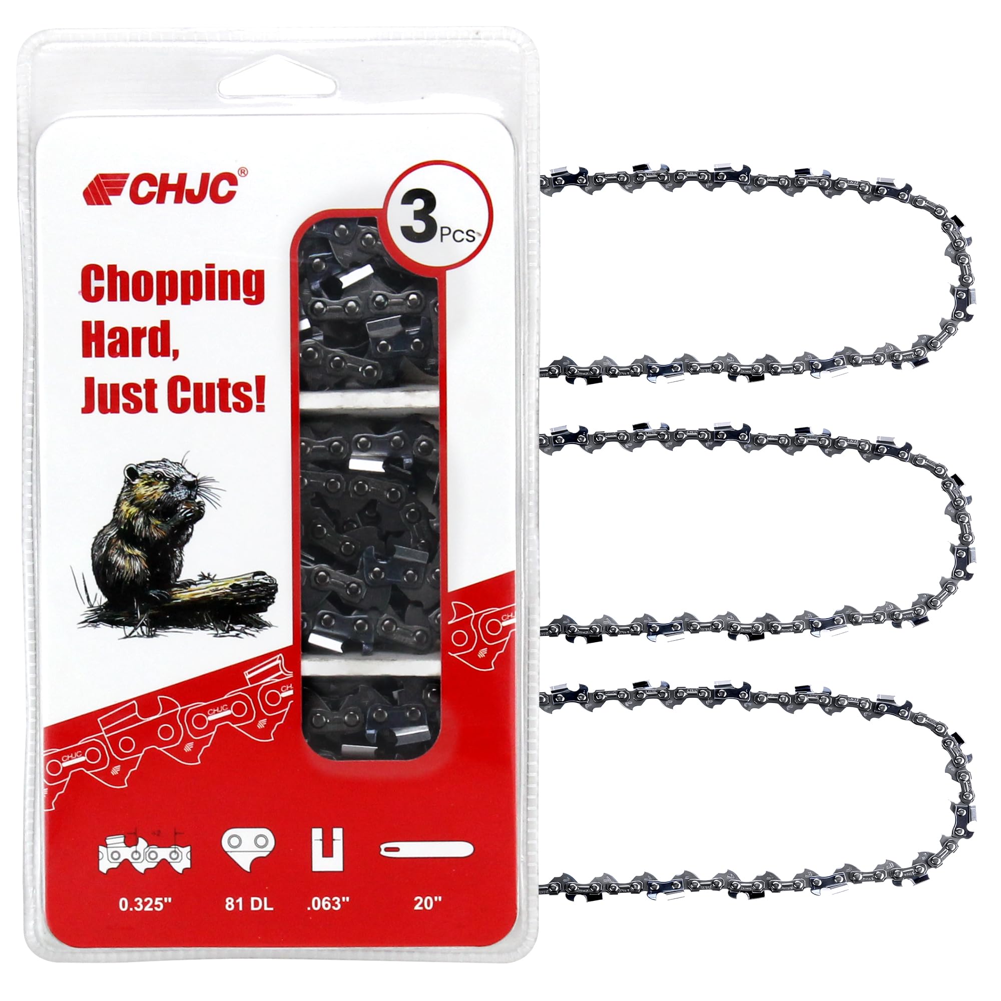 CHJC Cadena de motosierra de 20 pulgadas, paso de 0.3 pulgadas, calibre de 0.63 pulgadas, 81 eslabones de transmisión, 3 cadenas