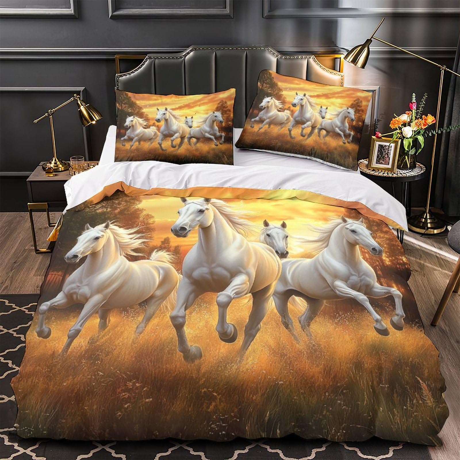 Housse de couette chevaux blancs 3D drap de couette 140x200 microfibre taies hypoallergénique