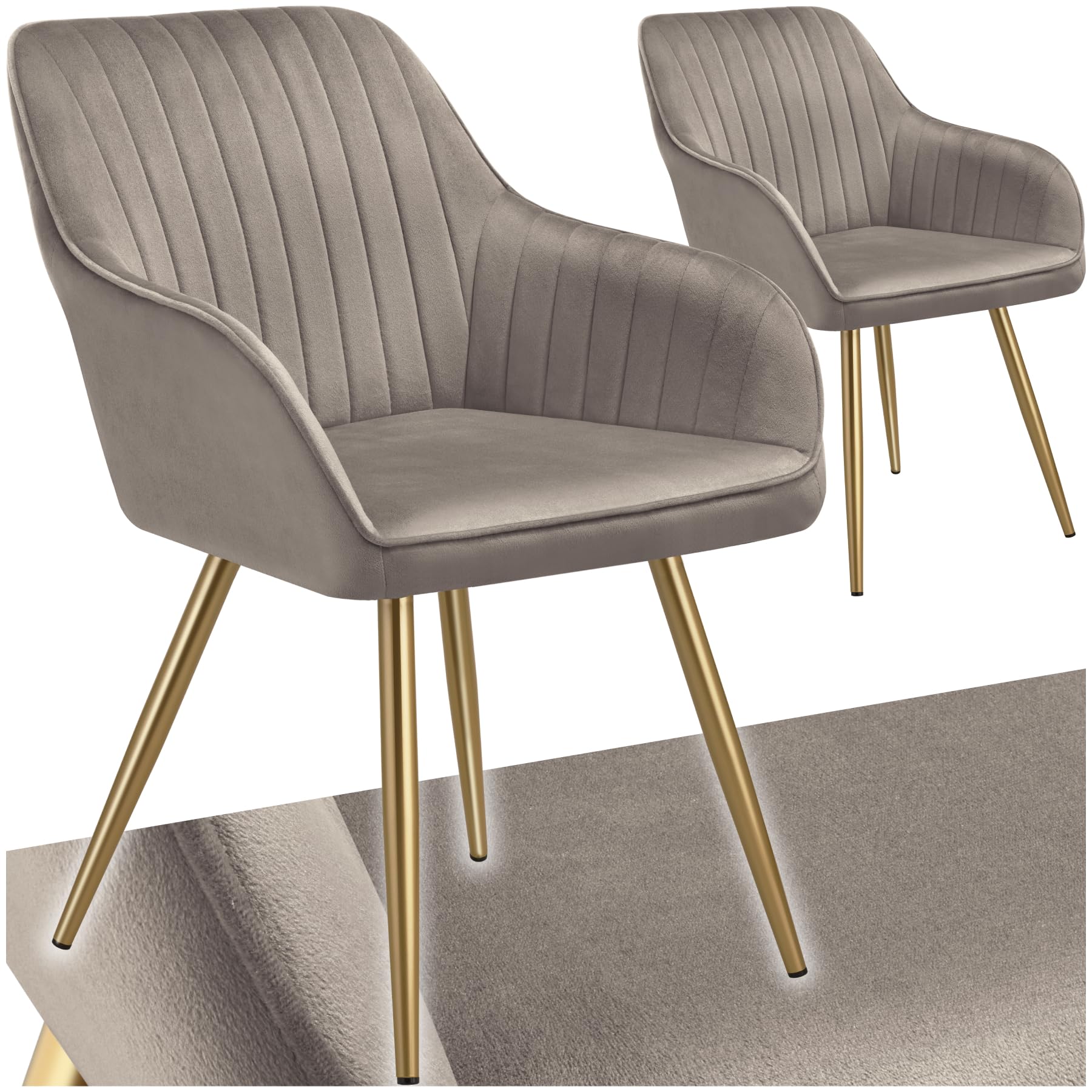 tectake® Sedie da Pranzo Effetto Velluto Trapuntato, Elegante, Imbottitura Schiuma Alta Densità, Gambe in Acciaio, Montaggio Semplice - Tortora/Oro, 2 Sedie